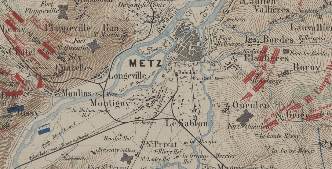 Carte spéciale réalisée en 1872 des batailles de 1870 aux alentours de Metz les 14, 16 et 18 août. En bas à droite, le fort de Queuleu - Gallica
