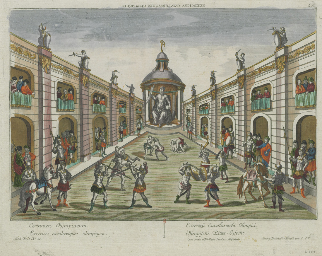 Exercices cavaleresques olimpiques ou les jeux Olympiques antiques tels qu'imaginés en 1770 - vue d'optique - Georg Balthasar - Gallica BNF