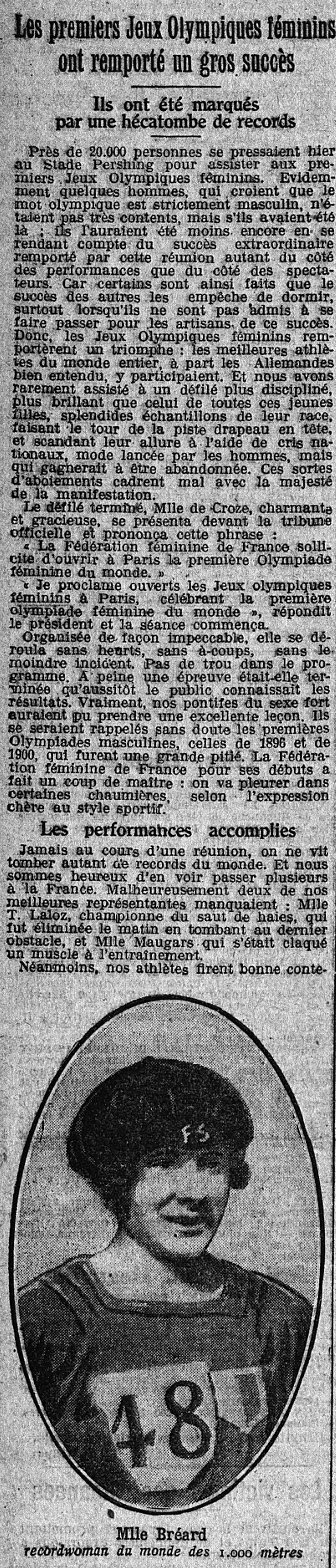 Extrait JO féminin et portrait de Lucie Bréard - Le Petit journal - 21 août 1922 - Gallica BNF