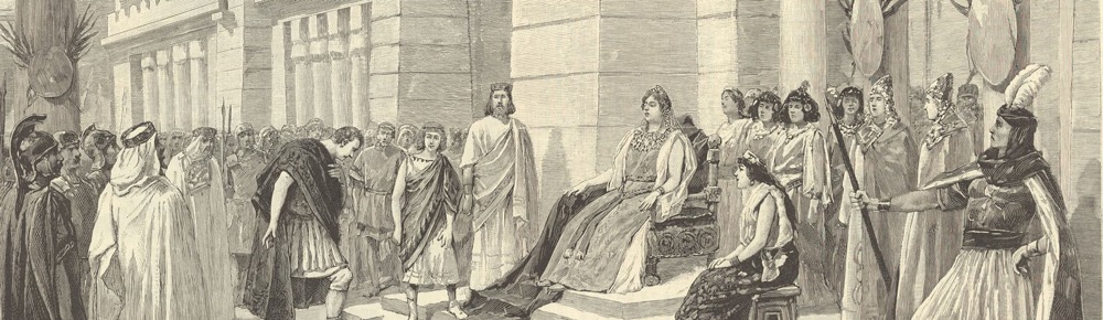 Enée, accueilli par Didon qui lui offre un asile, scène issue de "Les Troyens à Carthage", opéra de Berlioz. Dessin de E.Zier, gravé par E. Tilly, présenté dans le journal L'Illustration de 1892
