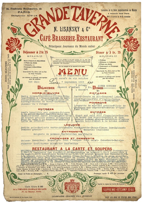 Menu-affichette de la Grande Taverne - 1900 - BM Périgueux