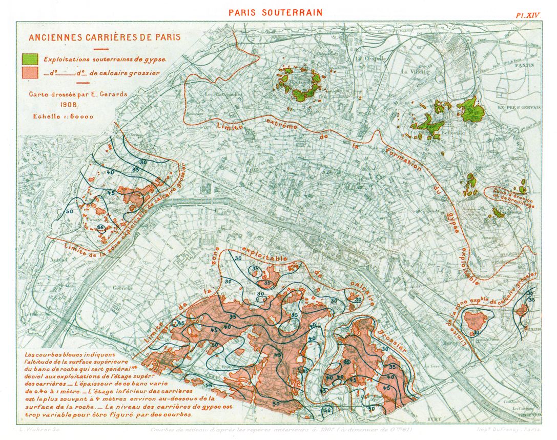 Carte des exploitations minières souterraines de Paris, par Emile Gérards, publié en 1908.