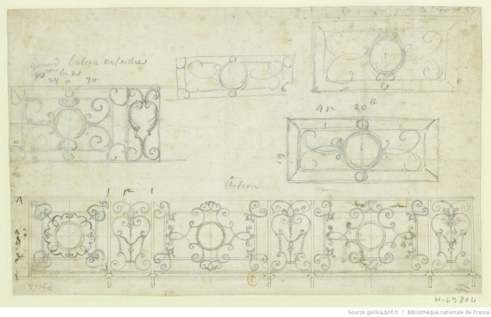 1718 - [Six dessins de balcons et de rampes pour l'Hôtel de Robert de Cotte, rue du Bac] [dessin] - GallicaBNF