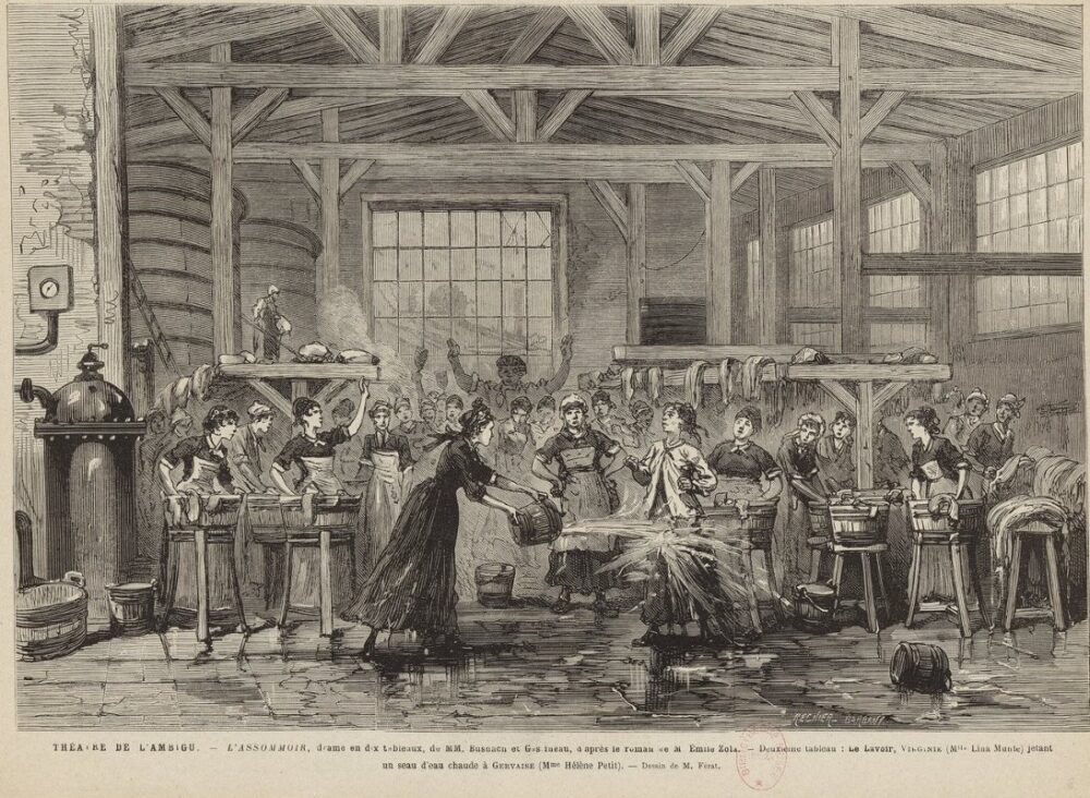 Théâtre de l'ambigu. L'Assommoir, drame en dix tableaux, de MM. Busnach et Gastineau, d'après le roman de M. Emile Zola. Deuxième tableau : le lavoir, Virginie (Mlle Lina Munte) jetant un seau d'eau chaude à Gervaise (Mme Hélène Petit) : estampeRegnier-Barbant ; Dessin de M. Ferat - 1879.jpg